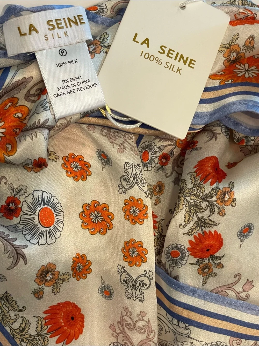 NWT La Seine 100% Silk Floral Triangle Scarf Blue Orange  Oversized